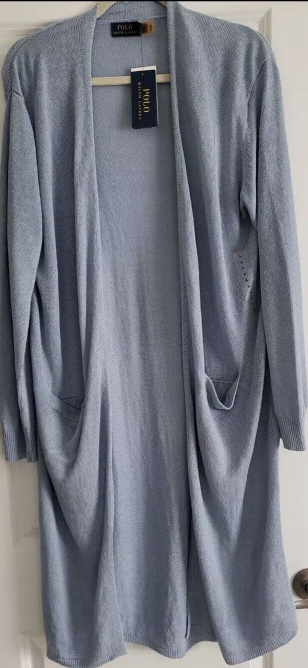 RALPH LAUREN POLO Linen Long Blue Cardigan Sweater With Pockets Size S NWT